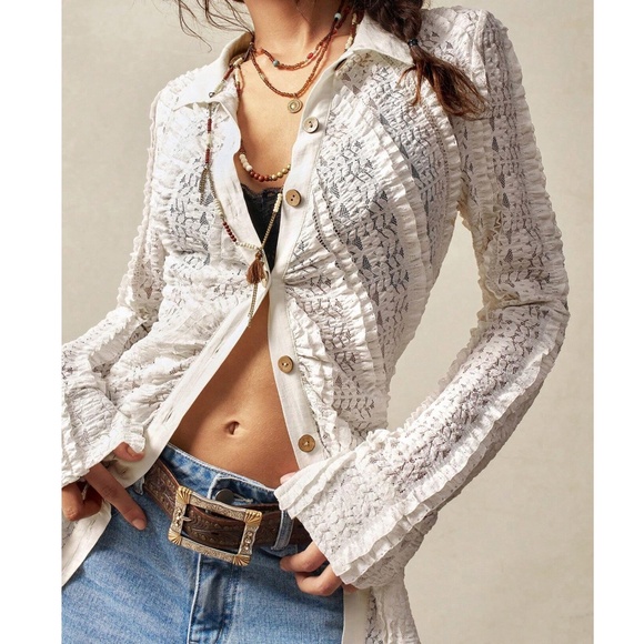 Tops - Boho White ruffle Detail Button Down Long Sleeve Top